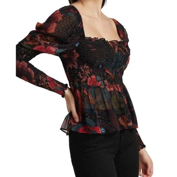 FARM Rio NWT Black River Creatures Smocked Floral Chiffon Sheer Blouse XS - Picture 2 of 10